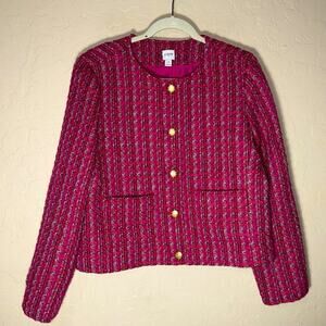 J. Crew Tweed lady jacket pink gold button front size 14.